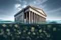 Global banking crisis concept with 3D illustration of drowning banks in debt, generative AI Royalty Free Stock Photo
