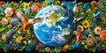 Global Biodiversity: Earth\'s Floral and Faunal Harmony. Flowery and diverse world map with a variety of animals and plants. Royalty Free Stock Photo