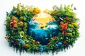 Global Biodiversity: Earth\'s Floral and Faunal Harmony. Flowery and diverse world map with a variety of animals and plants.