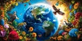 Global Biodiversity: Earth\'s Floral and Faunal Harmony. Flowery and diverse world map with a variety of animals and plants. Royalty Free Stock Photo