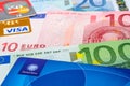 Global Blue, Visa and MasterCard credit cards on Euro banknotes