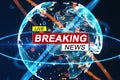 Global breaking news live headline on digital world map with binary code.