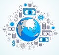 Global business concept, planet earth with dollar icons set, international economy, currency exchange, internet global network