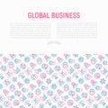 Global business concept with thin line icons: investment, outsourcing, agreement, transactions, time zone, headquarter, start Royalty Free Stock Photo