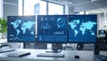 Global Business Data Analytics Dashboard on Multiple Computer Screens with World Map Visualization in Modern Office Workspace Royalty Free Stock Photo
