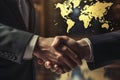 Global Business Handshake with World Map Background Royalty Free Stock Photo