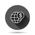 Global business icon in flat style. Money transaction vector illustration on black round background with long shadow effect. Royalty Free Stock Photo