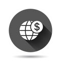 Global business icon in flat style. Money transaction vector illustration on black round background with long shadow effect. Royalty Free Stock Photo