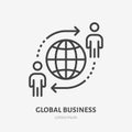 Global business line icon, vector pictogram of globe with businessman. Manager stroke sign for company team work