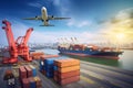 Global business logistic and transportation import export goods. Container cargo freight ship at international port. Cargo plane Royalty Free Stock Photo