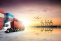 Global business logistics import export background and container truck and cargo freight ship in shipping yard transport Royalty Free Stock Photo