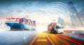 Global business logistics import export and container cargo freight ship, cargo plane, container truck on highway Royalty Free Stock Photo