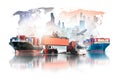 Global business logistics import export of containers cargo freight ship, container handler, truck and cargo airplane on world