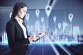 Global business and network connection concept with businesswoman with digital tablet on virtual wall with city and pin points Royalty Free Stock Photo