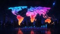 Global Business Network and Financial Data Visualization on a Futuristic Digital World Map with City Skyline Background Royalty Free Stock Photo