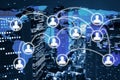 Global business network, icons of people connected, world map, city Royalty Free Stock Photo