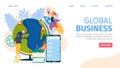 Global business, people at globe world concept landing page vector illustration. Businessman woman character at flat Royalty Free Stock Photo