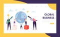 Global Business Search Opportunity Character Landing Page. Corporate Businessman Work at Earth Globe. Worldwide