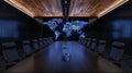 Global Business Strategies Displayed in Futuristic Conference Room with Interactive World Map and Data Analysis