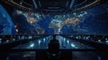 Global Business Strategies Displayed in Futuristic Conference Room with Interactive World Map and Data Analysis