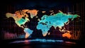 Global business travel ideas illuminated on world map generated by AI