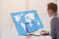 Global business world map, worldwide international connections, businessman, holographic screen