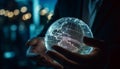 Global businessman holding futuristic sphere, connecting with wireless technology network generated by AI