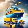 Global Cargo Odyssey: Container Transport Concept in Yellow Tone with Truck, Van, and Airplane on Gradient Background