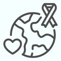 Global charity line icon. World AIDS day with earth planet vector illustration isolated on white. Symbol aids and heart Royalty Free Stock Photo