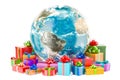 Global Christmas and New Year concept. Earth Globe with gift box