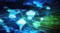Global cloud computing network visualization with interconnected clouds and data graphics over a world map at night Royalty Free Stock Photo