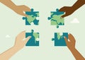 Diverse hands Assembling Global Puzzle Pieces. Sustainability concept