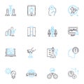 Global commerce linear icons set. Export, Import, Multinational, Trade, Tariffs, Currency, Supply chain line vector and