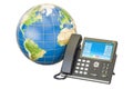 Global communication concept. IP phone with Earth globe, 3D rend Royalty Free Stock Photo