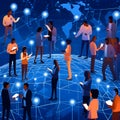 Global communication concept with people around the world on blue background vector illustration Royalty Free Stock Photo