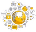 Global communication concept, planet earth with different icons set, big data, internet activity, global network connection,