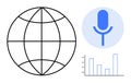 Global Communication and Data Analysis with Microphone, Globe, and Bar Chart Symbols Royalty Free Stock Photo
