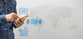 Global communication network concept, Person hand holding smartphone and objects icon connecting together, high-speed mobile