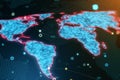 Global communication network and data exchange concept with perspective top view on blue glowing pixel world map with red contour