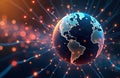 Global communication network. Earth globe shows interconnectedness through glowing lines, dots. Wireless tech, data transmission