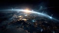 Global communication network, satellite, Earth, night, technology, digital connection, sunrise Royalty Free Stock Photo