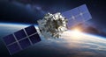 Global Communication Satellite Orbiting Earth with Sunflare. Advanced Technology Network. Royalty Free Stock Photo