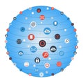 Global concept internet networking circle with flat icons illustration. Social Networking Creative Icon Collection.