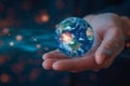 Global connectivity concept businessmans hand on blue transparency earth Royalty Free Stock Photo
