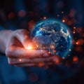 Global connectivity concept businessmans hand on blue transparency earth Royalty Free Stock Photo