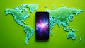 Global connectivity smartphone with cosmic display on green background world connection Royalty Free Stock Photo