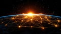 Global connectivity at sunrise with network overlay on earth. Earth Day, Earth Hour Royalty Free Stock Photo