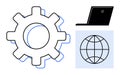 Global Connectivity and Technology Concept with Gear, Laptop, and Globe Elements Royalty Free Stock Photo