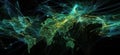 Global Connectivity Visualization with Light Trails Representing Data Flows Across Continents and Oceans, copy space for