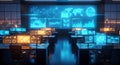 Global Control Room Data Center with Futuristic Tech Screens, Blue and Orange Data Analytics Royalty Free Stock Photo